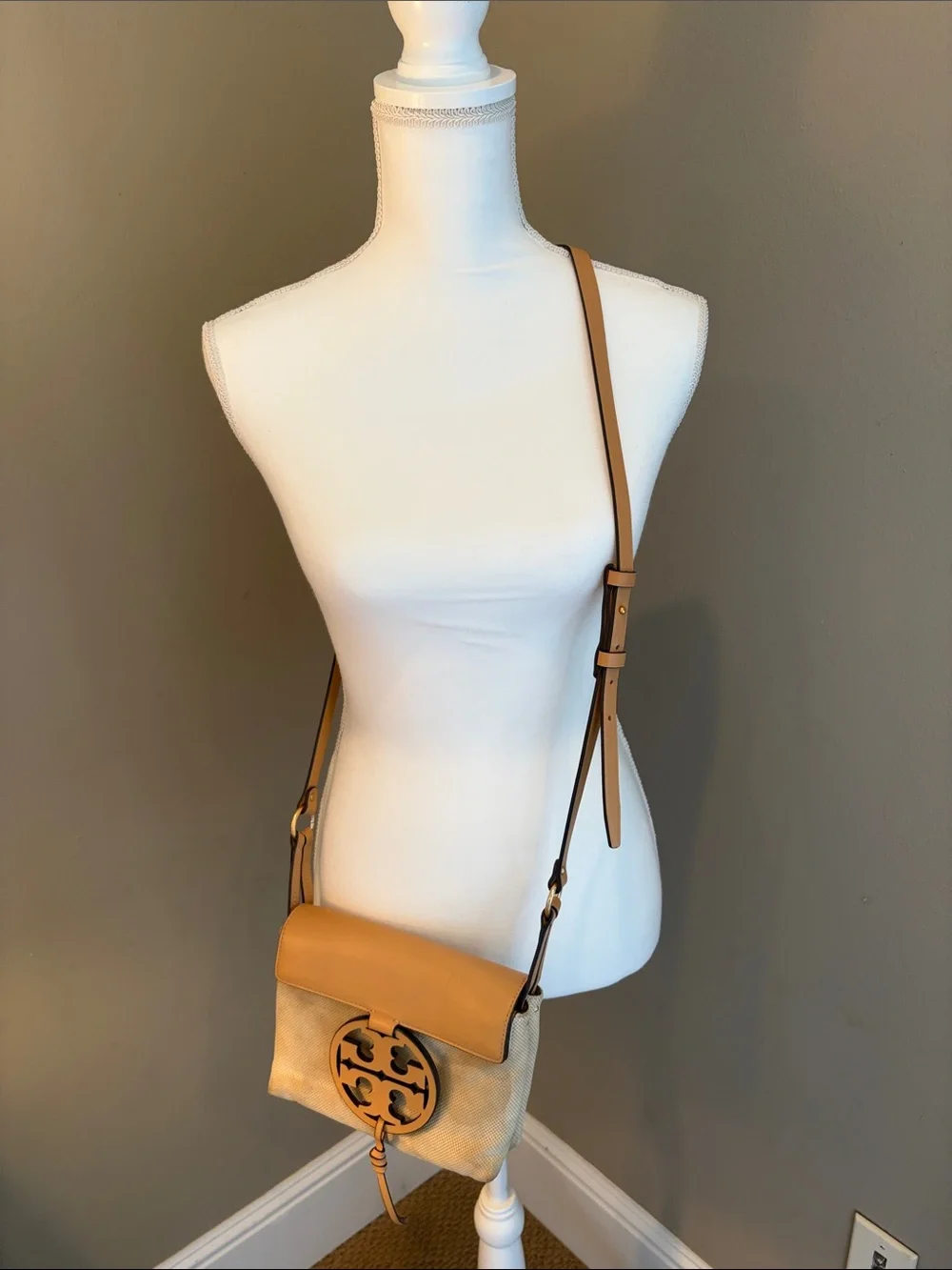 Tory Burch Tan Leather-Trim Crossbody with Signature Medallion
